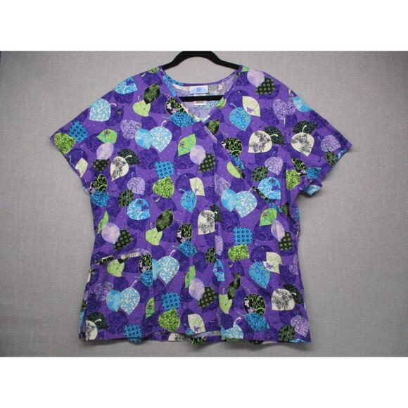 SB Scrubs Purple Patterned Leaf Print VNeck Relaxed Fit Scrub Top Size 2X - Picture 1 of 11